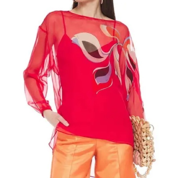 NEW NWT EMILIO PUCCI Draped Printed Silk-Blend Voile Blouse 38